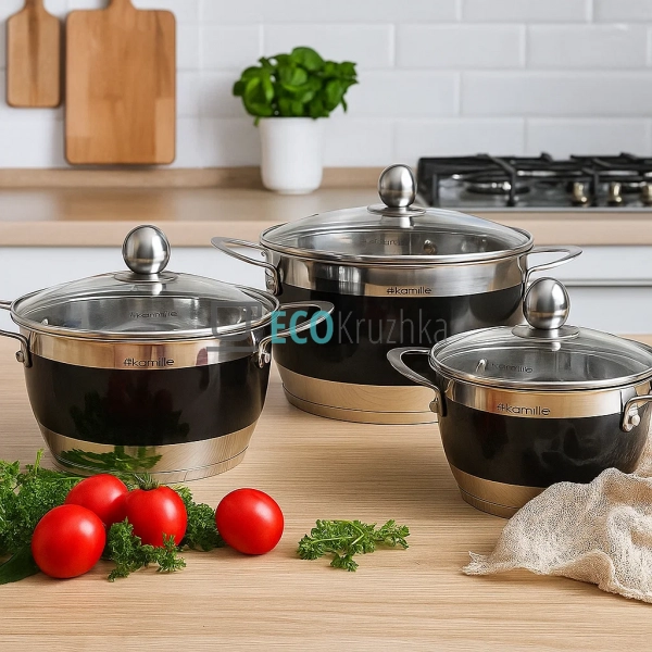 Набір каструль з нержавіючої сталі 6 предметів з кришкам ...