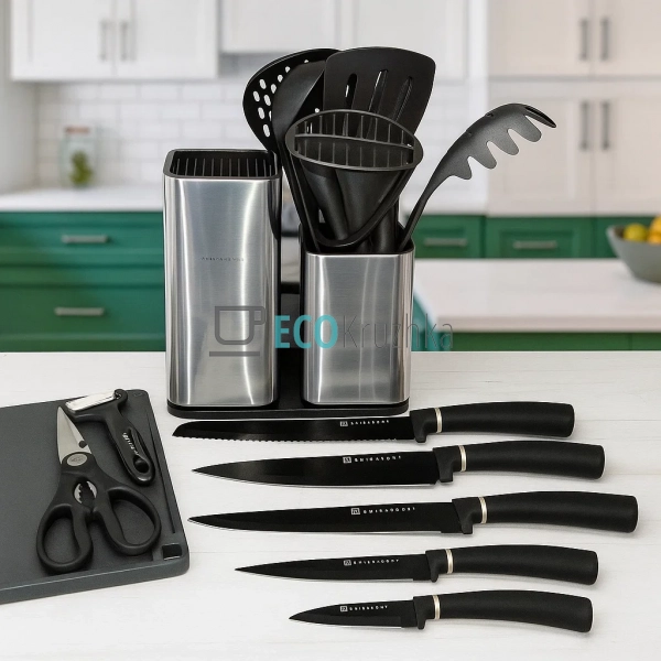 Набір ножів + кухонні прилади та обробна дошка 14 предме ... Набір ножів + кухонні прилади та обробна дошка 14 предме ...