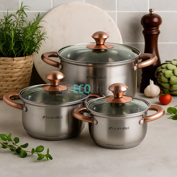 Набір каструль з нержавіючої сталі 6 предметів (1л, 1,5л ...