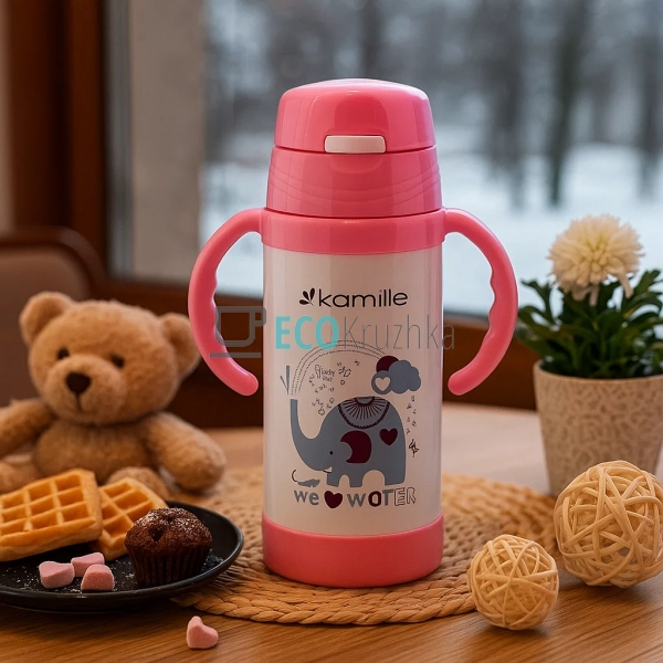 Дитячий термос-поїлка з трубочкою Kamille Рожевий 350мл  ...