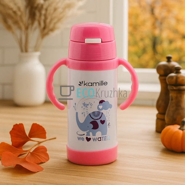Дитячий термос-поїлка з трубочкою Kamille Рожевий 350мл  ...