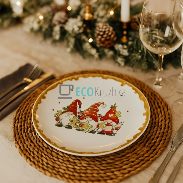 Новорічна керамічна тарілка з гномами та пряниками, Ø24 ... Новорічна керамічна тарілка з гномами та пряниками, Ø24 ...