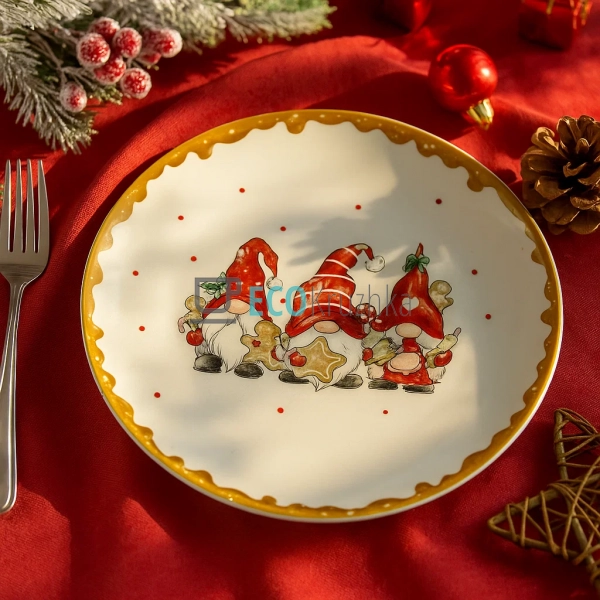Новорічна керамічна тарілка з гномами та пряниками, Ø24 ... Новорічна керамічна тарілка з гномами та пряниками, Ø24 ...