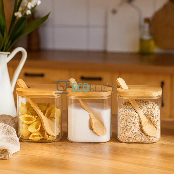 Набір скляних банок для спецій з дерев Набір скляних банок для спецій з дерев