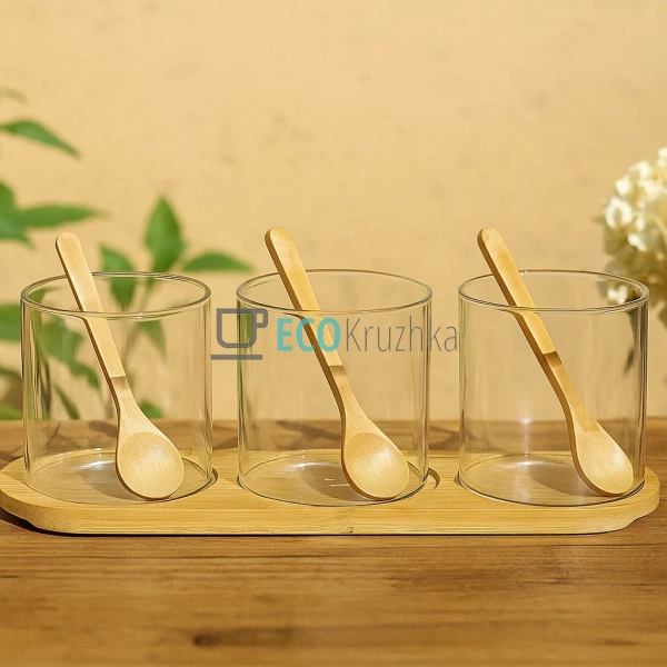 Набір скляних банок для спецій з дерев Набір скляних банок для спецій з дерев