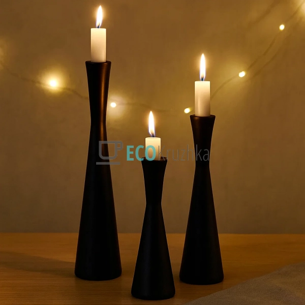 Набір чорних свічників, 3 шт, висота: 19 см, 21.5 см, 26 ...