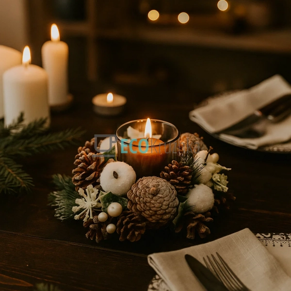 Свічник зі скляною колбою та декором з шишок, листя, ягід та яблучок, 19 см, білий (Модель 743-111)