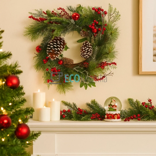 Новорічний вінок з декором з ягід, шишок і бубонців, 50  ...