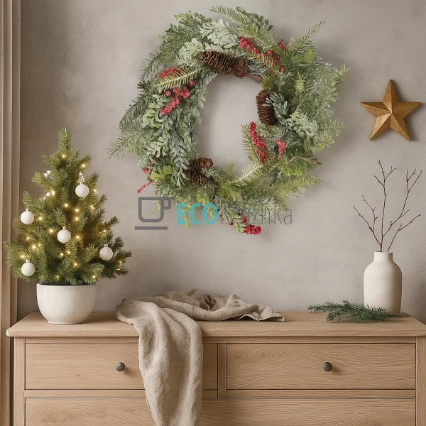 Новорічний вінок з декором з шишок та ягід, 60 см (Модел ...