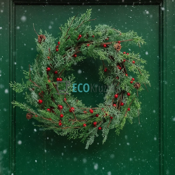 Вінок зі штучної хвої з ягодами та шишками 60 см (Модель ...