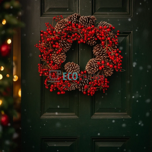 Декоративний вінок із червоних ягід та шишок, 60 см (Мод ...