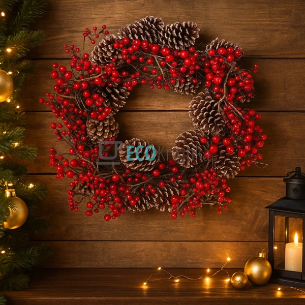 Декоративний вінок із червоних ягід та шишок, 60 см (Мод ...