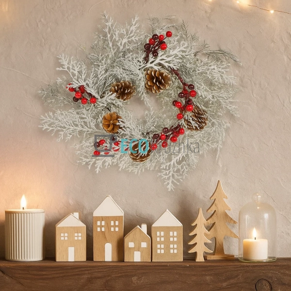 Декоративний вінок із засніженої хвої, шишок та червоних ...