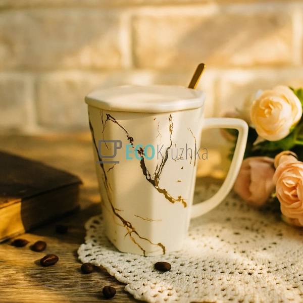 Порцеляновий кухоль-заварник з кришкою та ложкою "Мармур ...