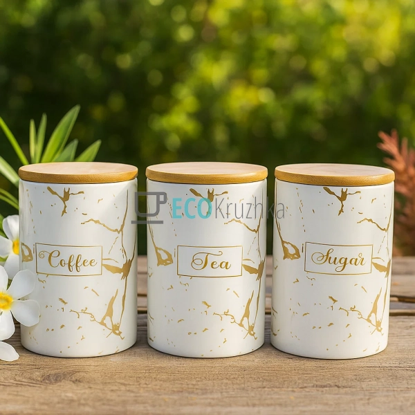 Набір керамічних банок з бамбуковими кришками та мармуро ... Набір керамічних банок з бамбуковими кришками та мармуро ...