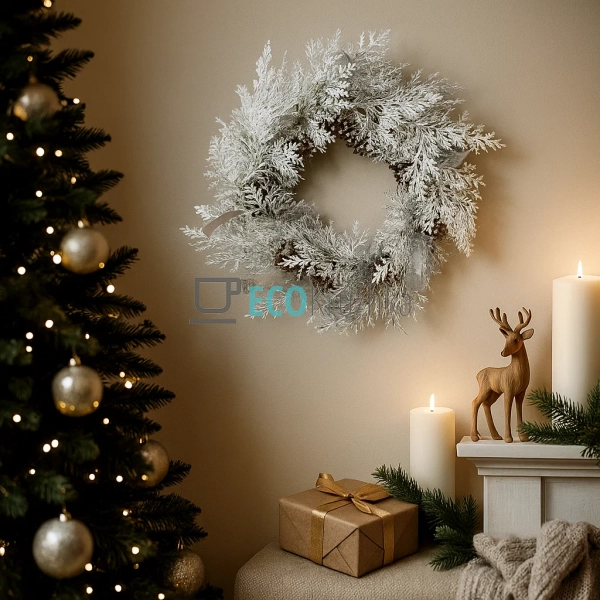 Декоративний вінок із засніженої хвої та шишок, 50 см (М ...