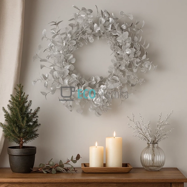 Декоративний вінок з листя та ягід, 70 см, срібного коль ...