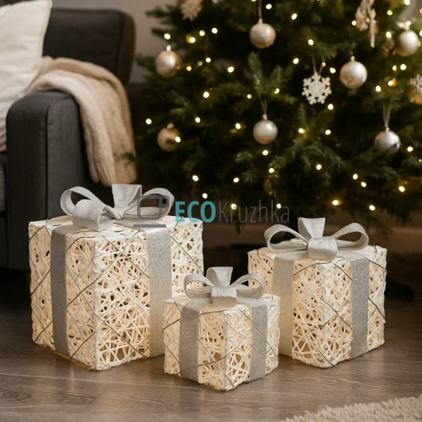 Набір декоративних подарунків з підсвічуванням білий зі  ...