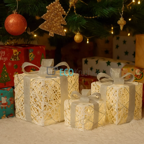 Набір декоративних подарунків з підсвічуванням білий зі  ...