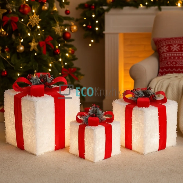 Набір декоративних подарунків з підсвічуванням білий з ч ...