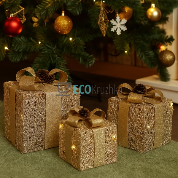 Набір декоративних подарунків з підсвічуванням золото 3  ...
