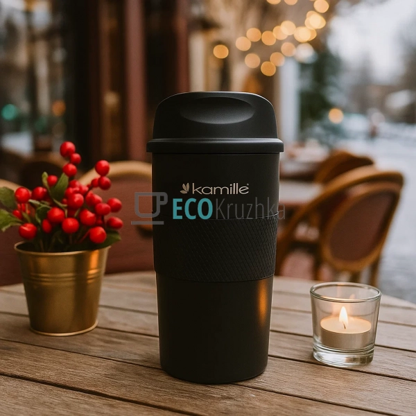 Термокружка Kamille 480мл з нержавіючої сталі з TPR вставкою Чорний KM-2049А