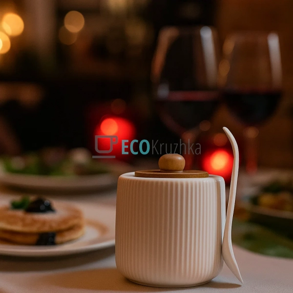 Цукорниця керамічна з ложкою та бамбуковою кришкою 200 м ... Цукорниця керамічна з ложкою та бамбуковою кришкою 200 м ...