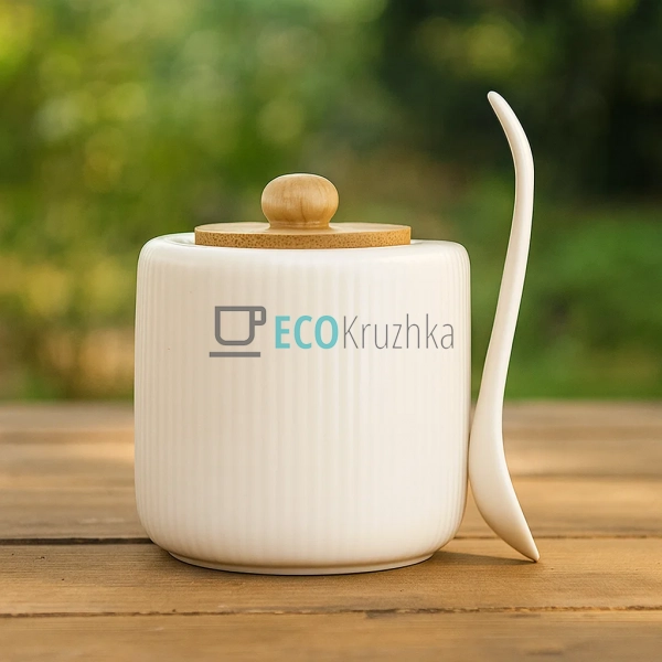 Цукорниця керамічна з ложкою та бамбуковою кришкою 200 м ... Цукорниця керамічна з ложкою та бамбуковою кришкою 200 м ...