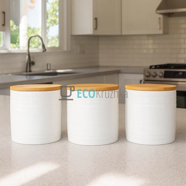 Набір з 3-х керамічних банок (430 мл) з бамбуковими криш ... Набір з 3-х керамічних банок (430 мл) з бамбуковими криш ...