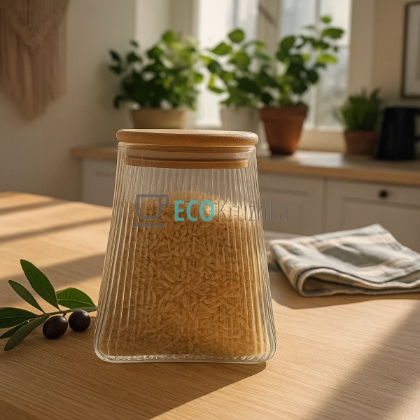 Скляна конусна банка 750мл Ребриста з бамбуковою кришкою ... Скляна конусна банка 750мл Ребриста з бамбуковою кришкою ...