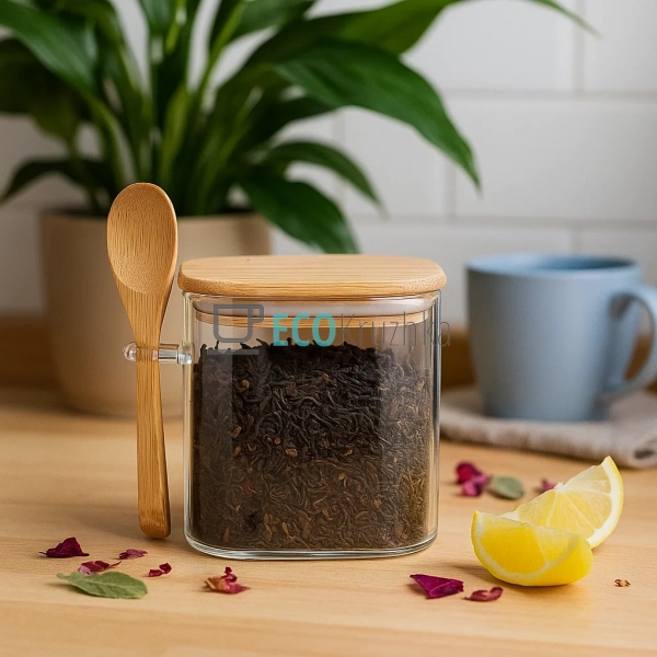 Скляна банка квадратна для зберігання цукру з бамбуковою ... Скляна банка квадратна для зберігання цукру з бамбуковою ...