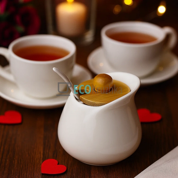 Цукорниця керамічна з ложкою та бамбуковою кришкою 150 м ... Цукорниця керамічна з ложкою та бамбуковою кришкою 150 м ...