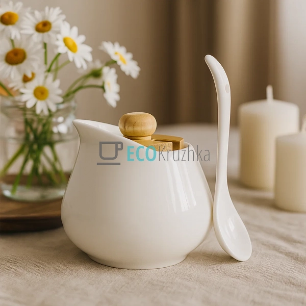 Цукорниця керамічна з ложкою та бамбуковою кришкою 150 м ... Цукорниця керамічна з ложкою та бамбуковою кришкою 150 м ...