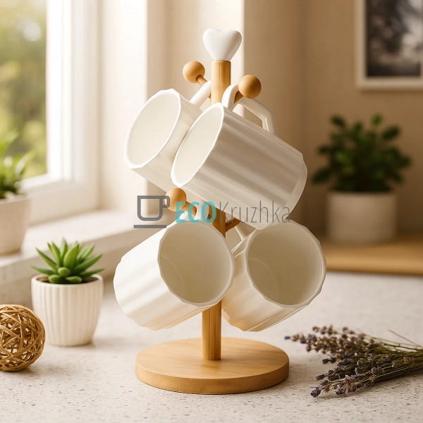 Набір (4шт) фарфорових кухлів 300мл на бамбуковій підста ...