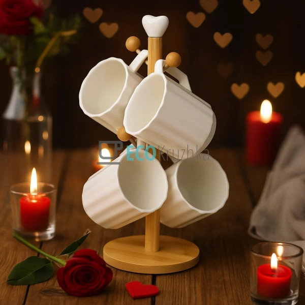 Набір (4шт) фарфорових кухлів 300мл на бамбуковій підста ...