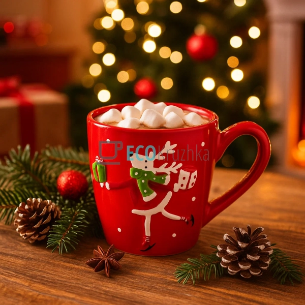 Кружка керамічна "Олень з подарунком", 470 мл, червона ( ...
