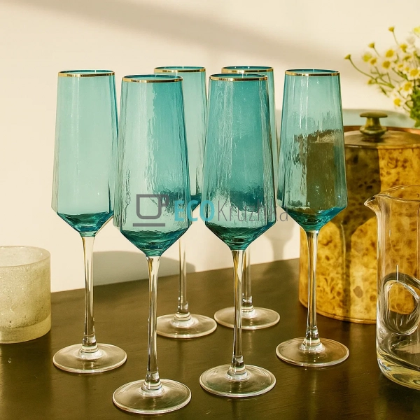 Набір келих 6шт для шампанського з блакитного скла Крист ... Набір келих 6шт для шампанського з блакитного скла Крист ...