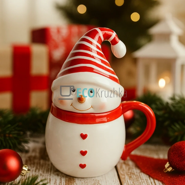 Керамічний кухоль з фігурною кришкою "Милий сніговик", 3 ...