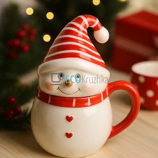 Керамічний кухоль з фігурною кришкою "Милий сніговик", 3 ...