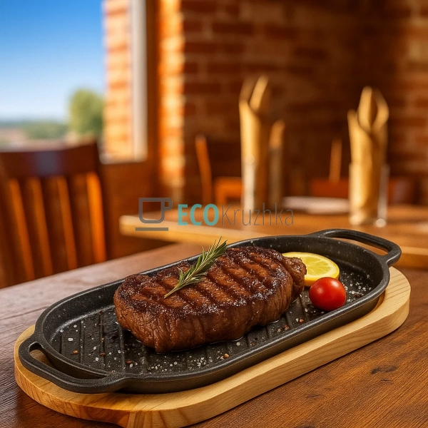 Чавунна сковорода-гриль 37.8 x 16.6 x 2 см на дерев