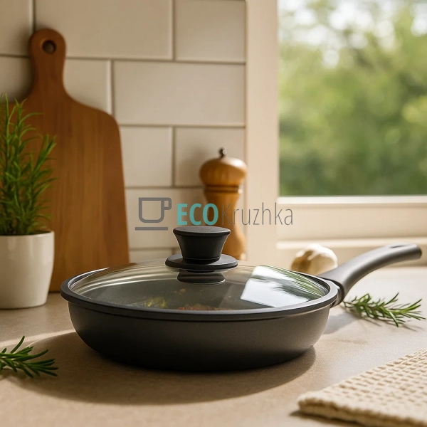 Кришка 18 см скляна з силіконовим обідком та ручкою FRU- ...