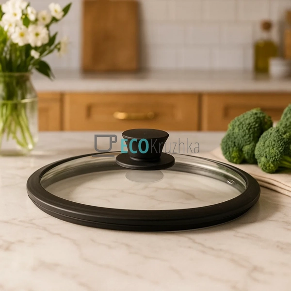 Кришка 22 см скляна з силіконовим обідком та ручкою FRU- ...