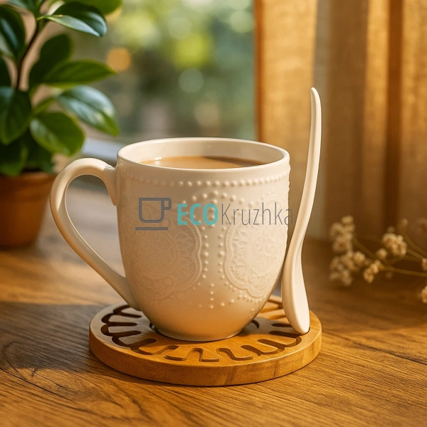 Чашка 300 мл із ложкой на бамбуковій підставці PJ03384 Чашка 300 мл із ложкой на бамбуковій підставці PJ03384