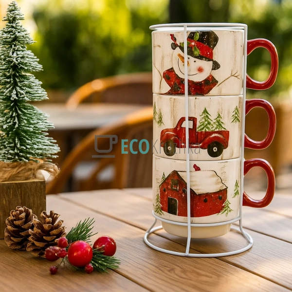 Набір кухлів 3 шт із металевою підставкою 400 мл «Весели ...