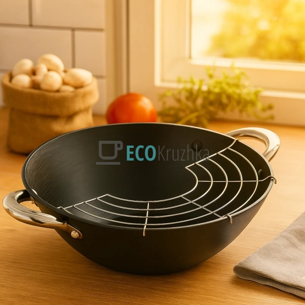 Казан чавунний "Wok", з антипригарним мармуровим покритт ...