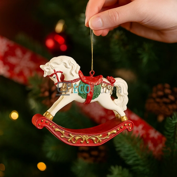 Декоративна підвіска «Конячка‑гойдалка» 9,5 см – біло‑че ...