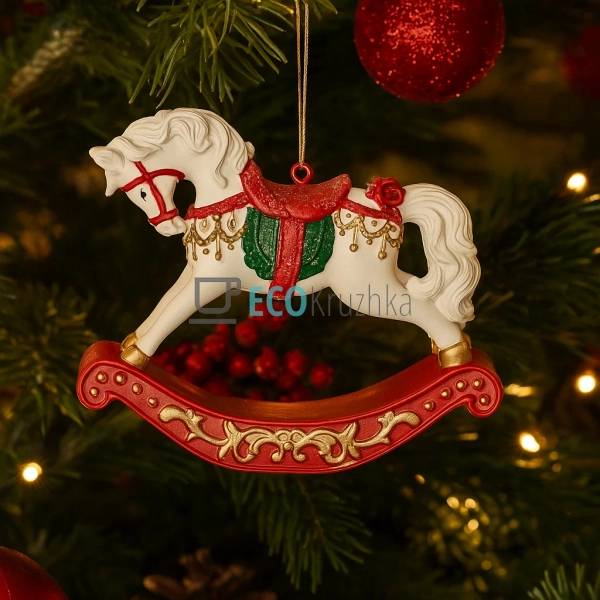 Декоративна підвіска «Конячка‑гойдалка» 9,5 см – біло‑че ...