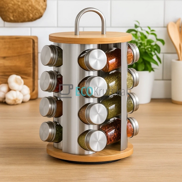 Набір ємностей для спецій Kamille на круглій підставці з бамбука 16 спецівників KM-7044