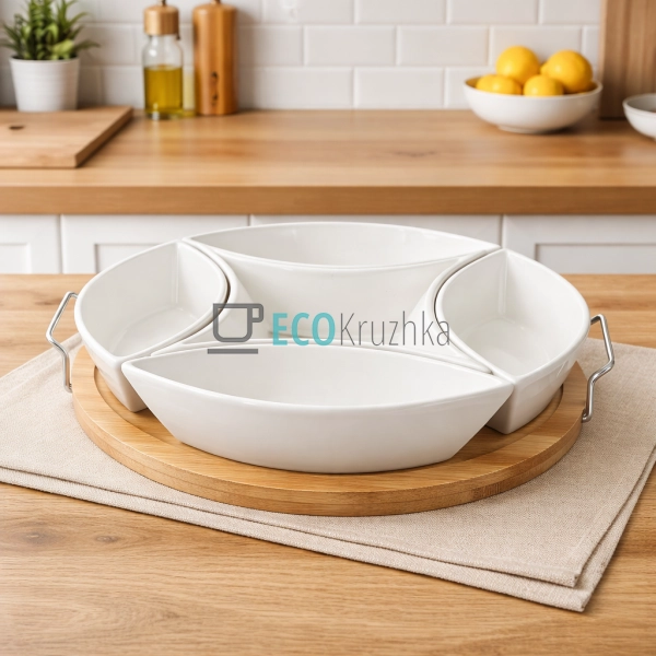 Менажниця 29 см чотирохсекційна на бамбуковій підставці  ...