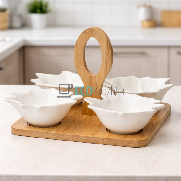 Менажниця 21 см чотирохсекційна із бамбуковой ручкой PJ0 ...